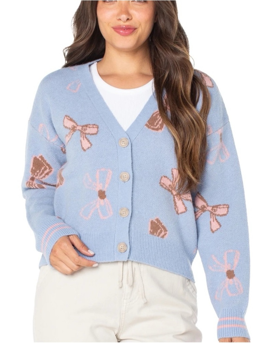 Celebrity Pink Light Blue Floral Bow V-Neck Button Cardigan